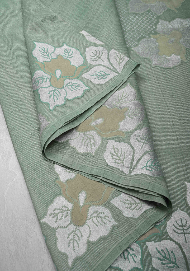 Exquisite Sage Green Banarasi Tussar Georgette Saree with Brush Dye Floral Buttas and Border | SILK MARK CERTIFIED