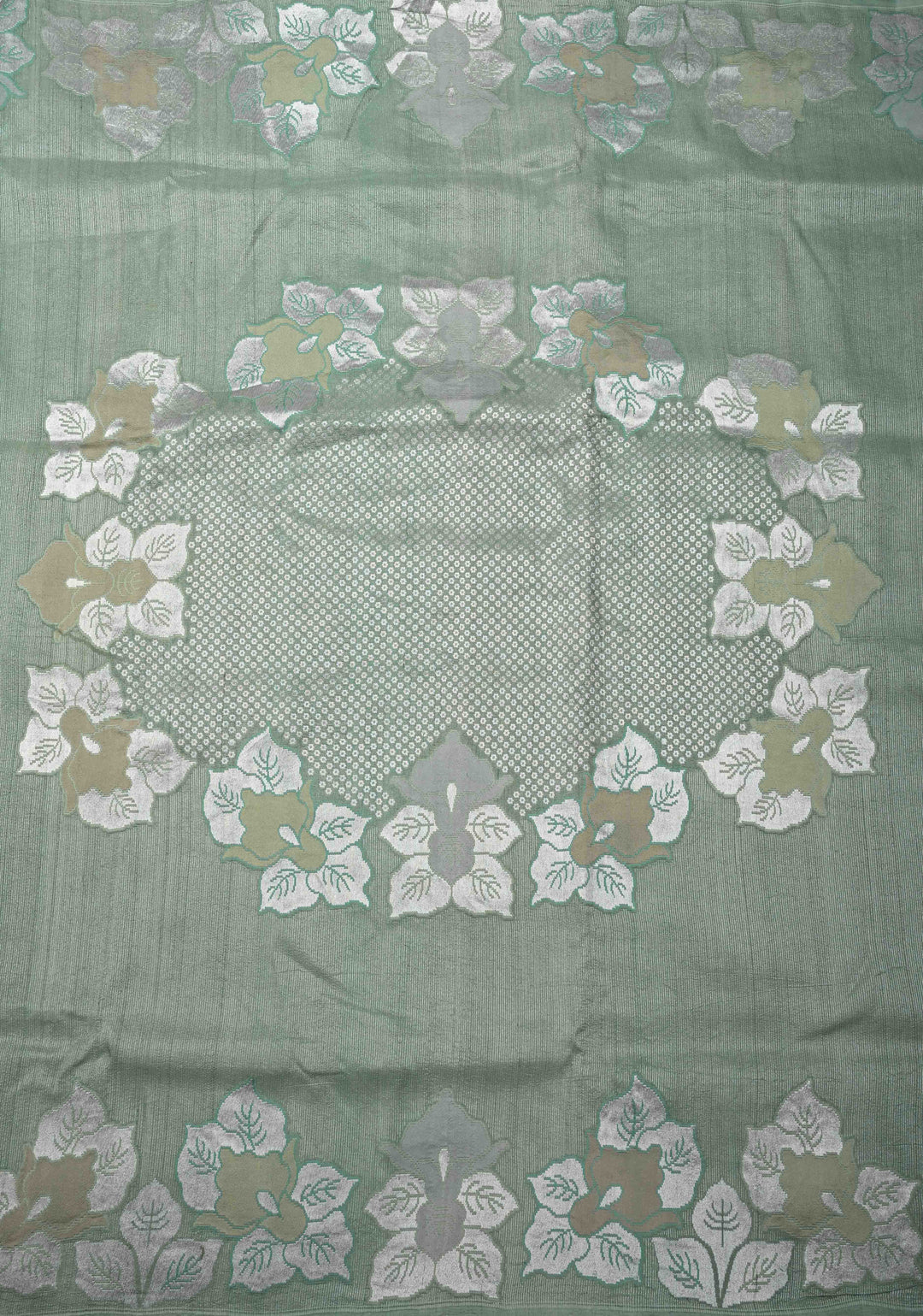 Exquisite Sage Green Banarasi Tussar Georgette Saree with Brush Dye Floral Buttas and Border | SILK MARK CERTIFIED