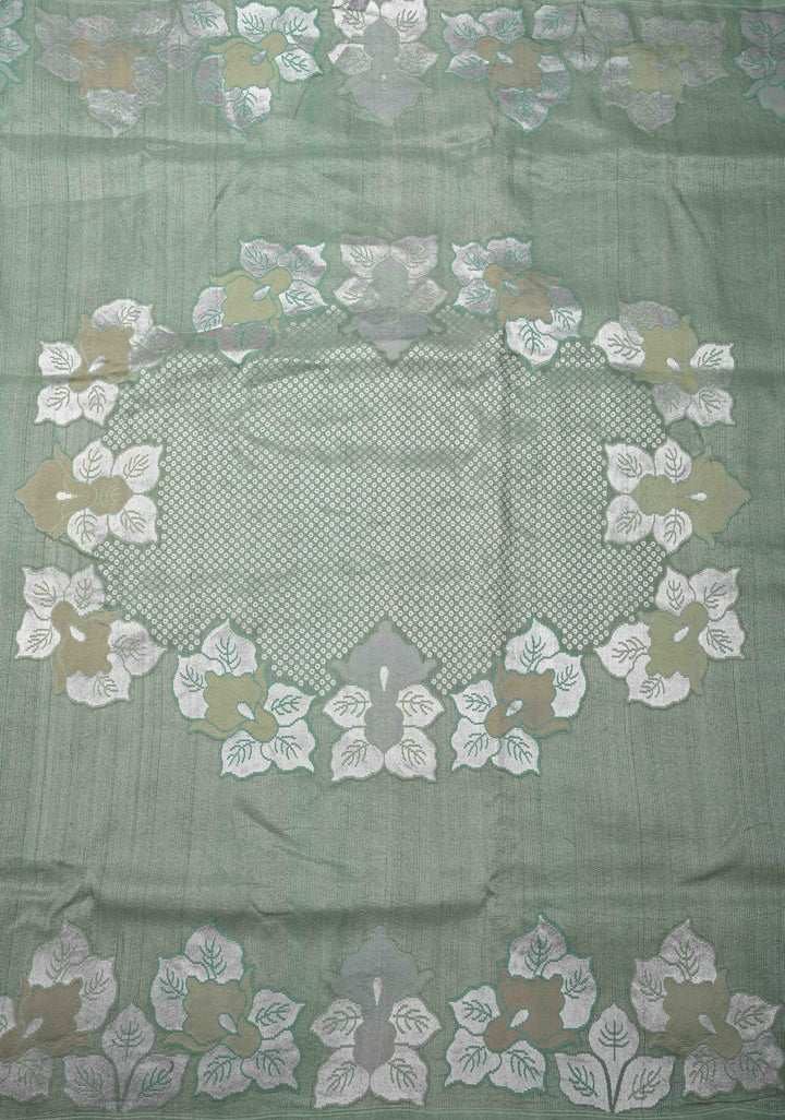 Exquisite Sage Green Banarasi Tussar Georgette Saree with Brush Dye Floral Buttas and Border | SILK MARK CERTIFIED