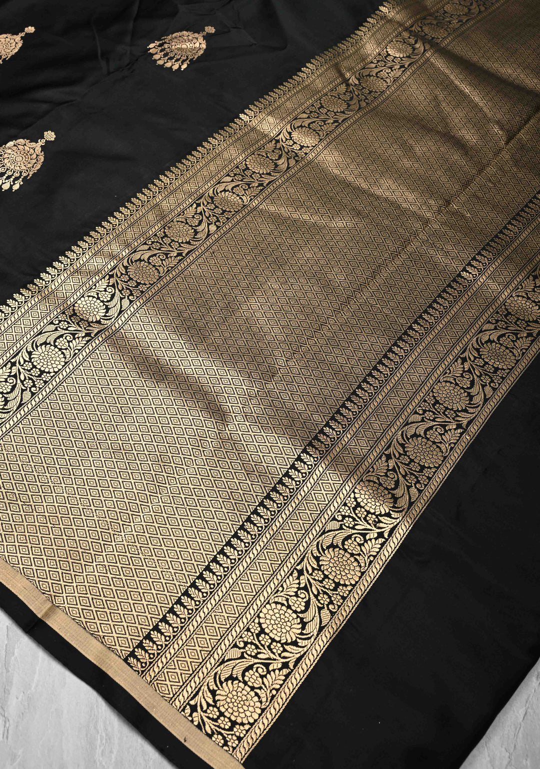 Black Banarasi Mashru Silk Saree with Jhumka Buttas and Minimal Zari Border | SILK MARK CERTIFIED