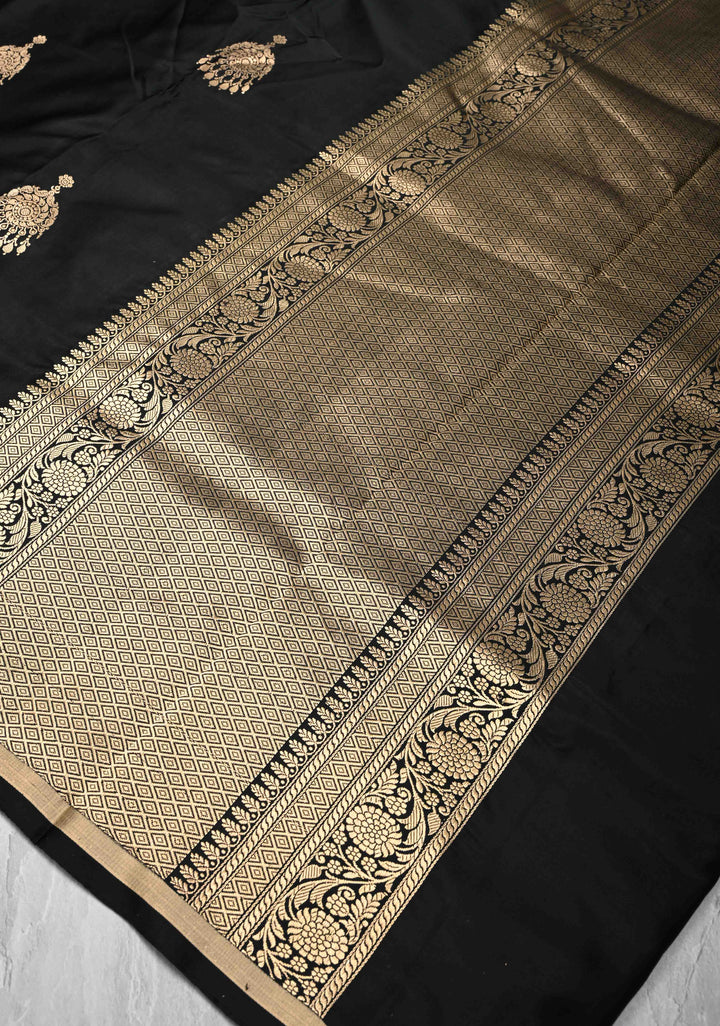 Black Banarasi Mashru Silk Saree with Jhumka Buttas and Minimal Zari Border | SILK MARK CERTIFIED