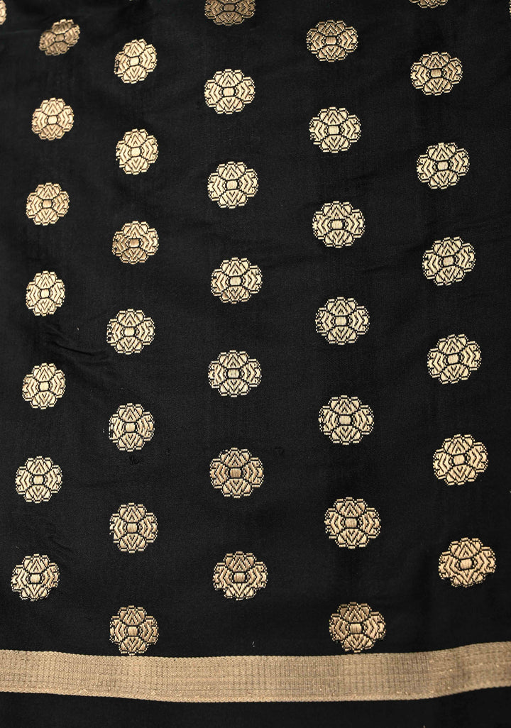Black Banarasi Mashru Silk Saree with Jhumka Buttas and Minimal Zari Border | SILK MARK CERTIFIED