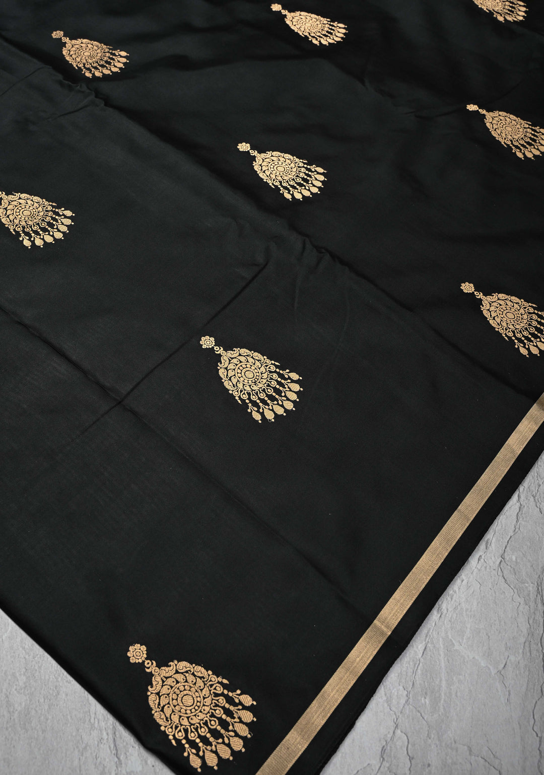 Black Banarasi Mashru Silk Saree with Jhumka Buttas and Minimal Zari Border | SILK MARK CERTIFIED