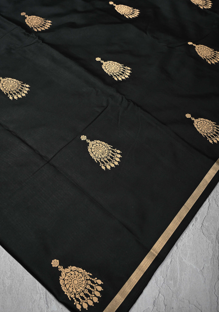 Black Banarasi Mashru Silk Saree with Jhumka Buttas and Minimal Zari Border | SILK MARK CERTIFIED