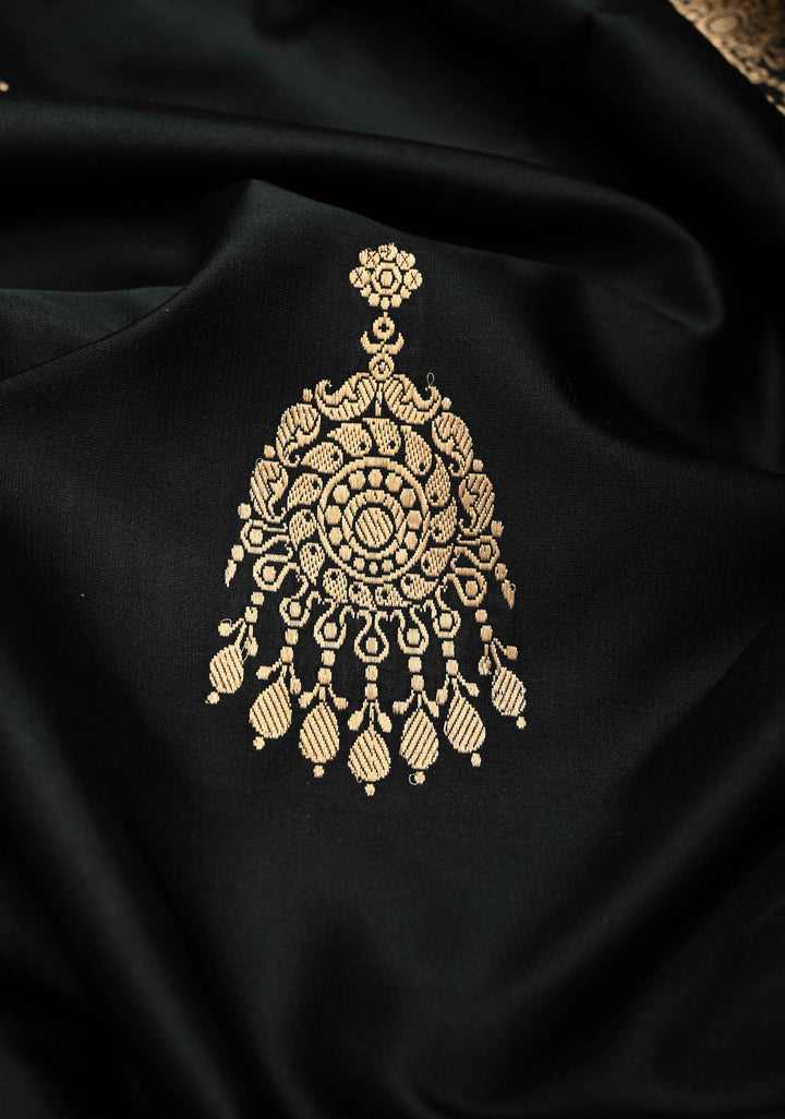 Black Banarasi Mashru Silk Saree with Jhumka Buttas and Minimal Zari Border | SILK MARK CERTIFIED
