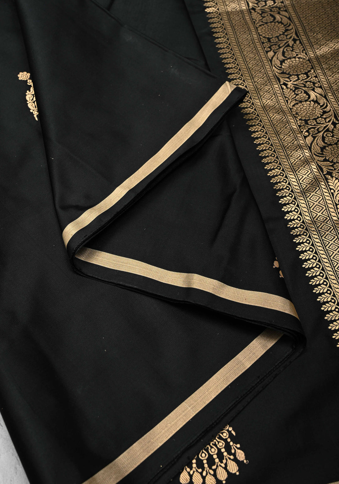 Black Banarasi Mashru Silk Saree with Jhumka Buttas and Minimal Zari Border | SILK MARK CERTIFIED