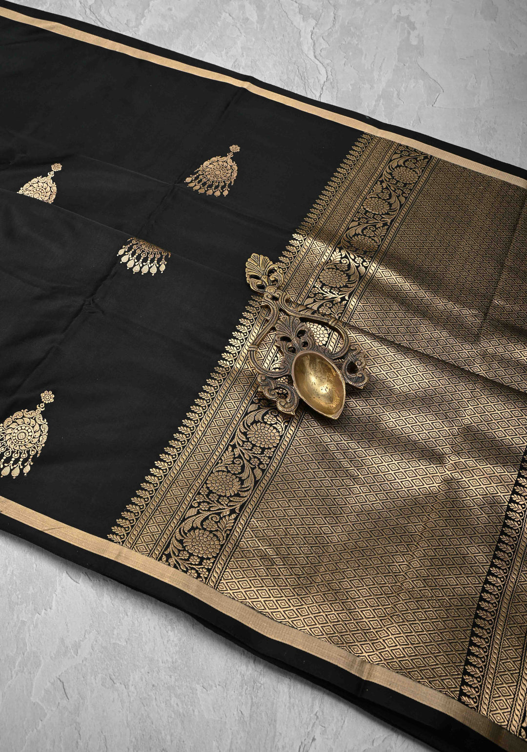 Black Banarasi Mashru Silk Saree with Jhumka Buttas and Minimal Zari Border | SILK MARK CERTIFIED