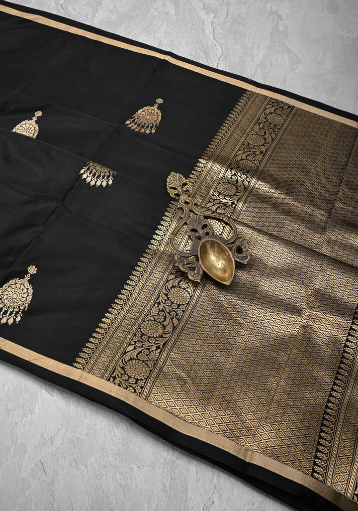 Black Banarasi Mashru Silk Saree with Jhumka Buttas and Minimal Zari Border | SILK MARK CERTIFIED