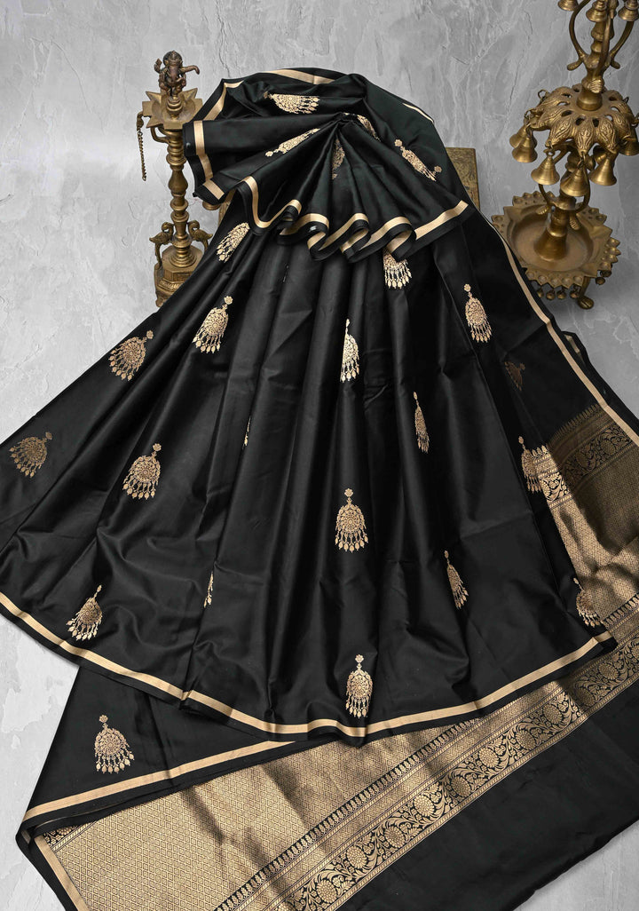 Black Banarasi Mashru Silk Saree with Jhumka Buttas and Minimal Zari Border | SILK MARK CERTIFIED