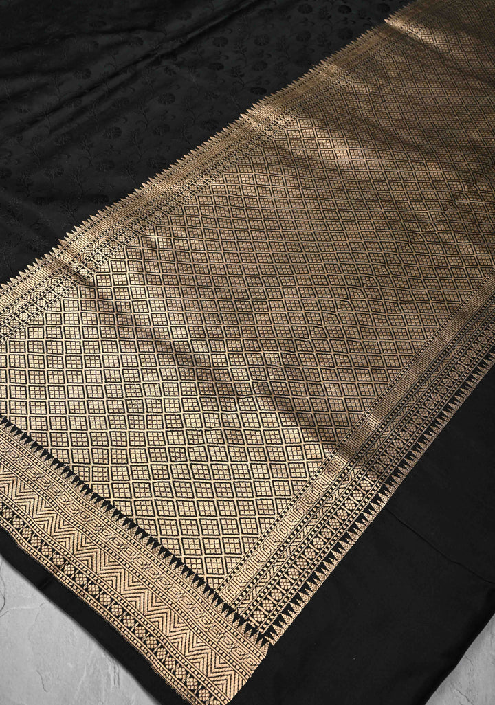 Stunning Black Tanchoi Banarasi Satin Silk Saree with Floral Jaal and Zari Border | SILK MARK CERTIFIED