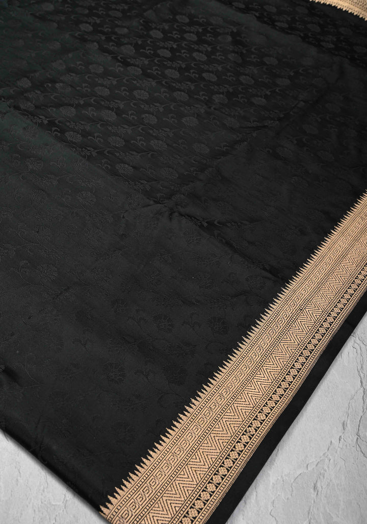 Stunning Black Tanchoi Banarasi Satin Silk Saree with Floral Jaal and Zari Border | SILK MARK CERTIFIED