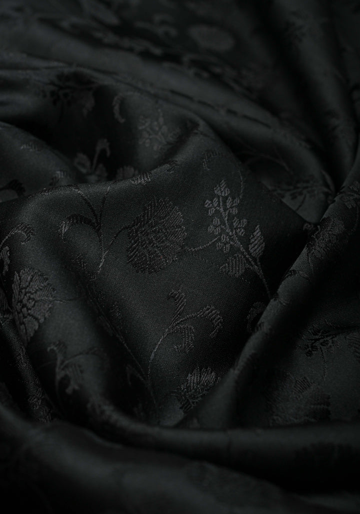 Stunning Black Tanchoi Banarasi Satin Silk Saree with Floral Jaal and Zari Border | SILK MARK CERTIFIED