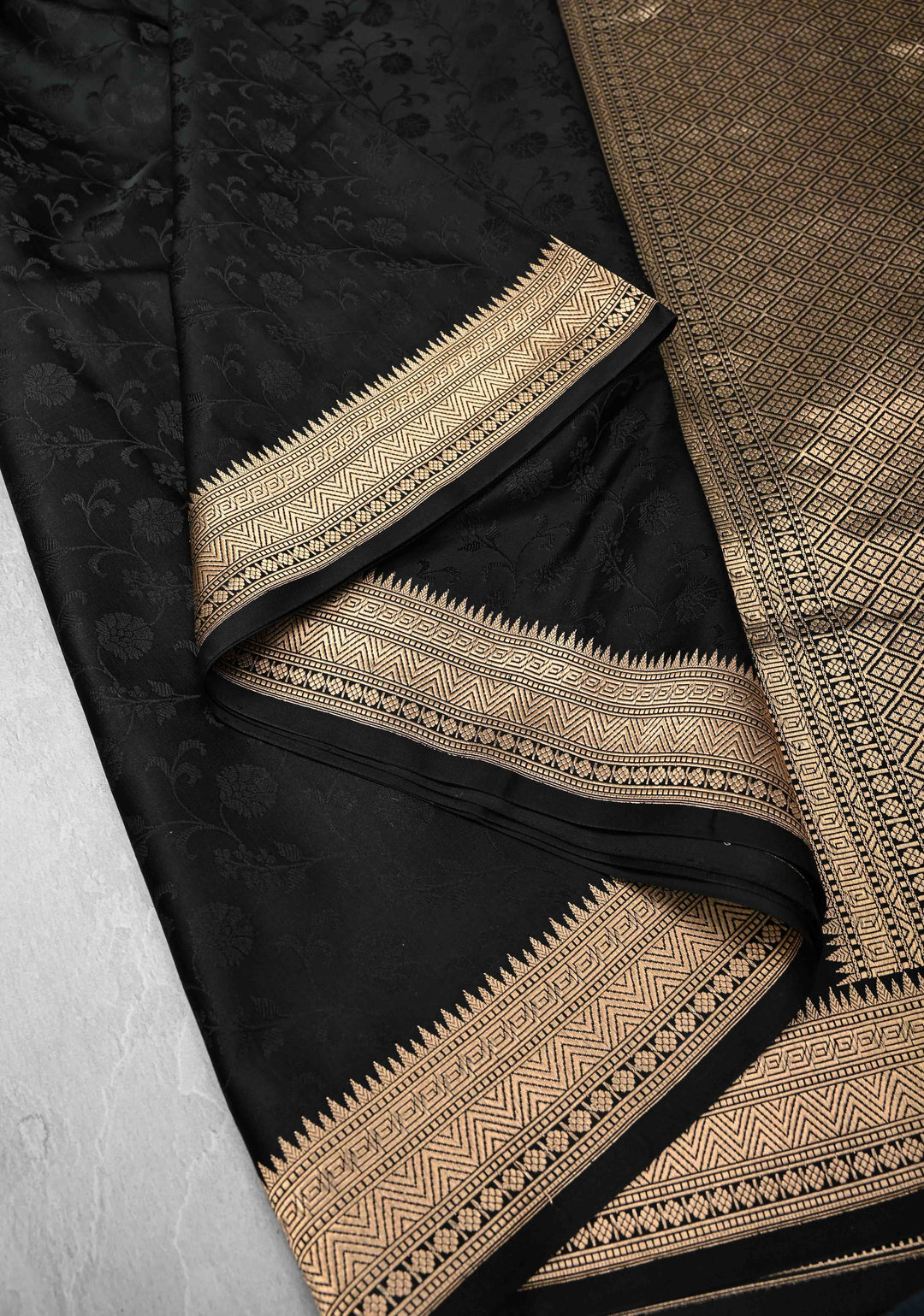 Stunning Black Tanchoi Banarasi Satin Silk Saree with Floral Jaal and Zari Border | SILK MARK CERTIFIED