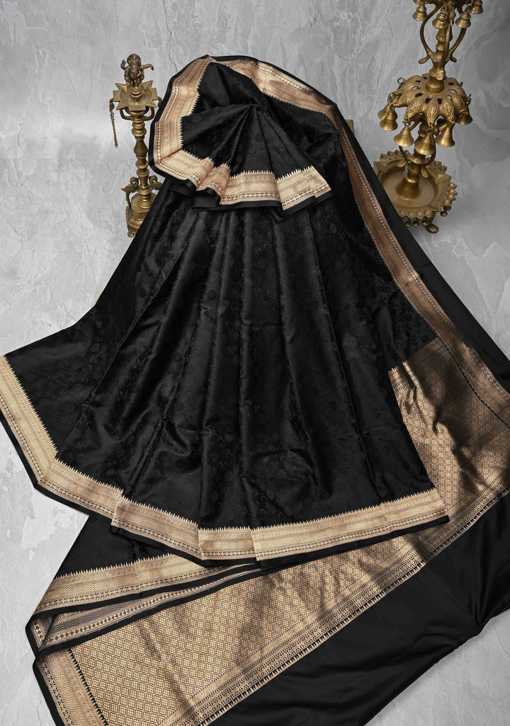 Stunning Black Tanchoi Banarasi Satin Silk Saree with Floral Jaal and Zari Border | SILK MARK CERTIFIED