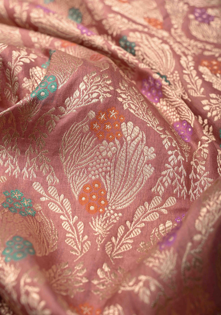 Dusty Rose Pure Banarasi Katan Silk Saree with Meenakari Brocade and Zari Border  | SILK MARK CERTIFIED