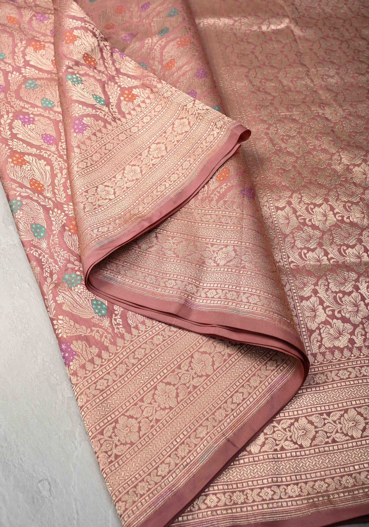 Dusty Rose Pure Banarasi Katan Silk Saree with Meenakari Brocade and Zari Border  | SILK MARK CERTIFIED