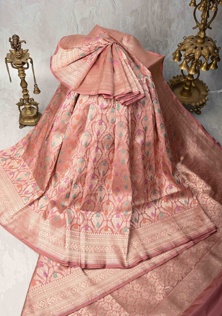Dusty Rose Pure Banarasi Katan Silk Saree with Meenakari Brocade and Zari Border  | SILK MARK CERTIFIED