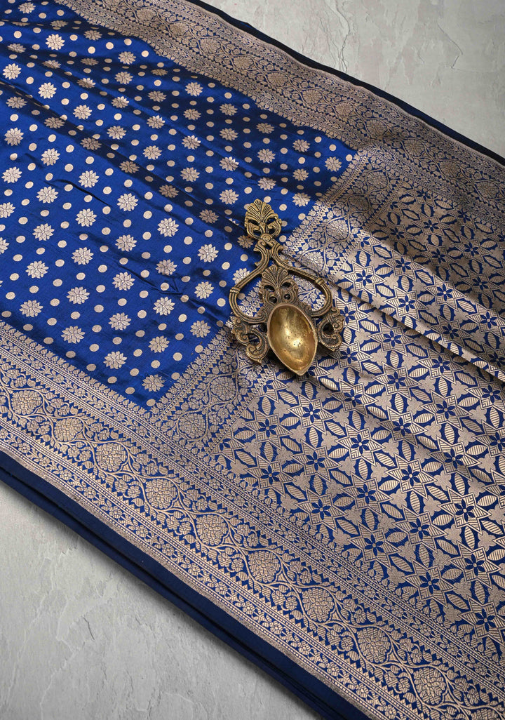 Navy Blue Pure Banarasi Katan Silk Saree with Brocade and Zari Border | SILK MARK CERTIFIED