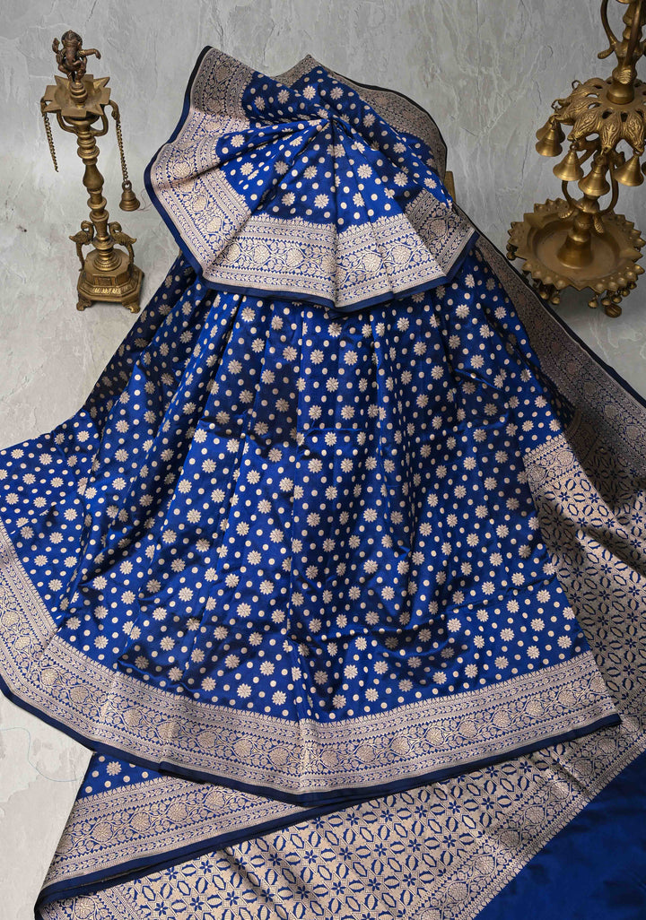 Navy Blue Pure Banarasi Katan Silk Saree with Brocade and Zari Border | SILK MARK CERTIFIED