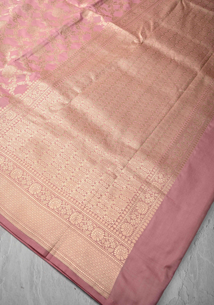Pale Mauve Blush jaal Banarasi Katan Silk Saree with Zari Border  | SILK MARK CERTIFIED