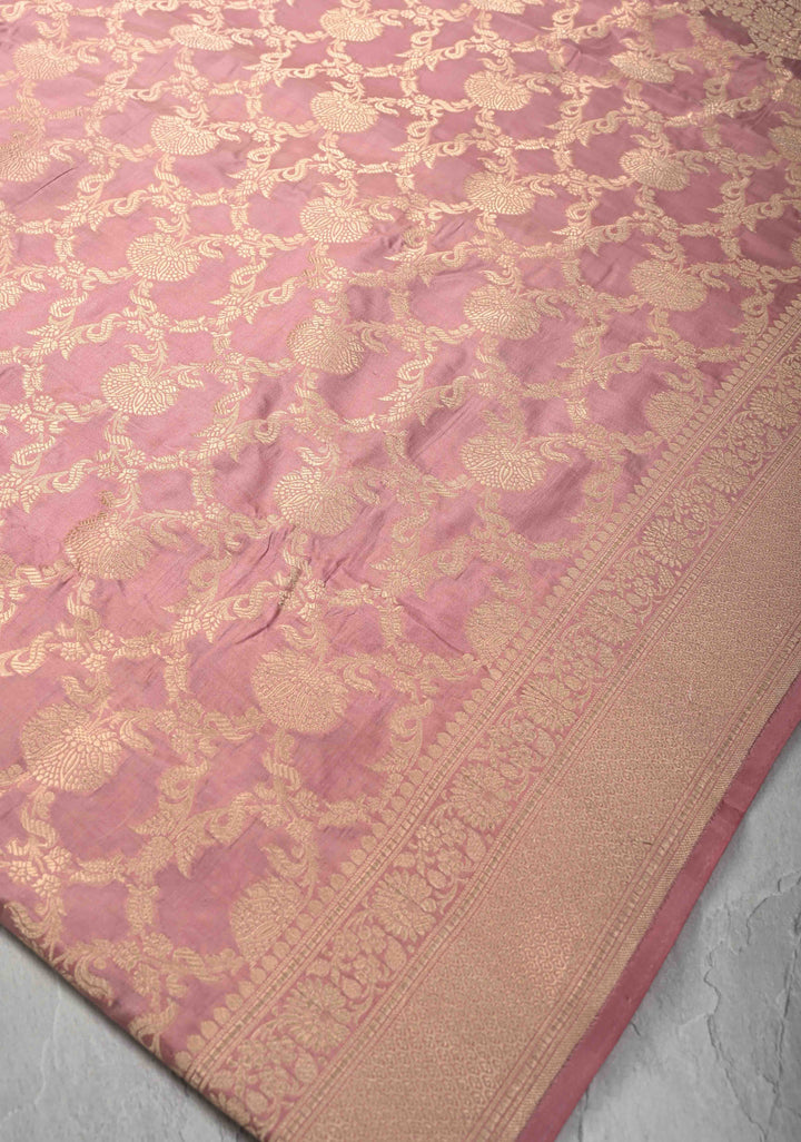 Pale Mauve Blush jaal Banarasi Katan Silk Saree with Zari Border  | SILK MARK CERTIFIED