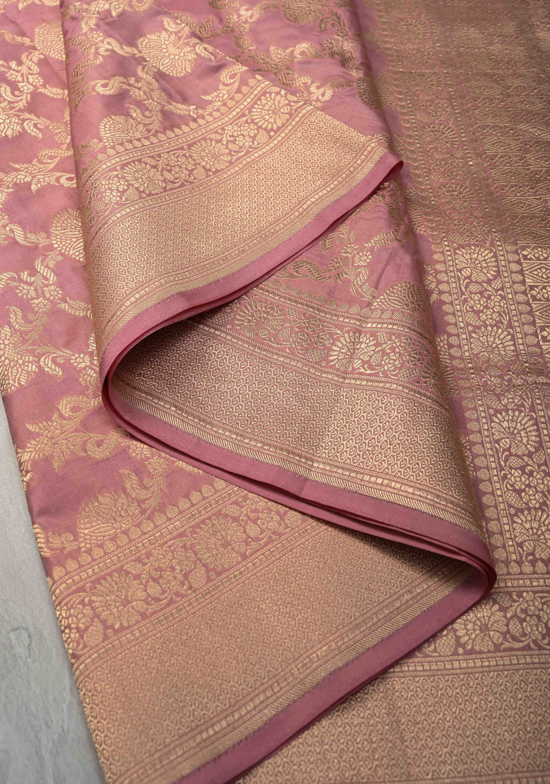 Pale Mauve Blush jaal Banarasi Katan Silk Saree with Zari Border  | SILK MARK CERTIFIED
