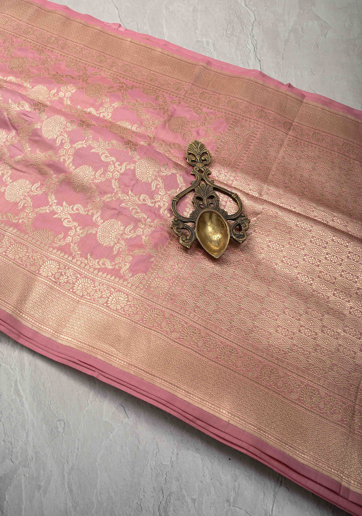 Pale Mauve Blush jaal Banarasi Katan Silk Saree with Zari Border  | SILK MARK CERTIFIED