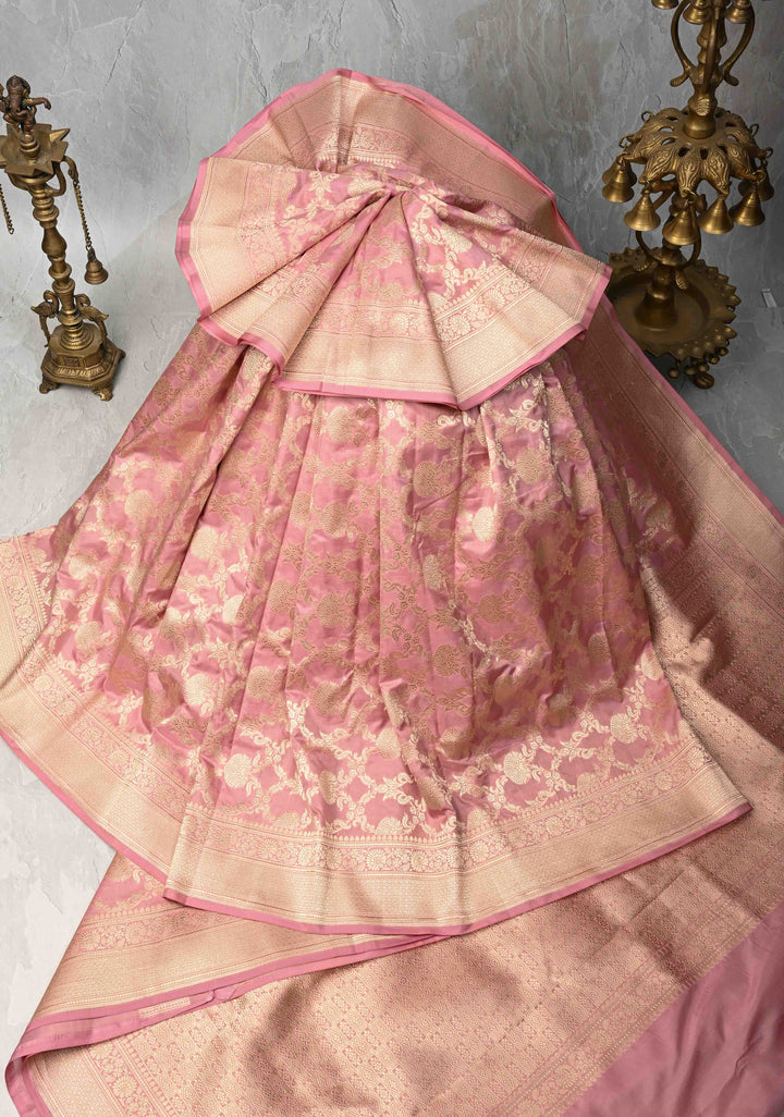 Pale Mauve Blush jaal Banarasi Katan Silk Saree with Zari Border  | SILK MARK CERTIFIED