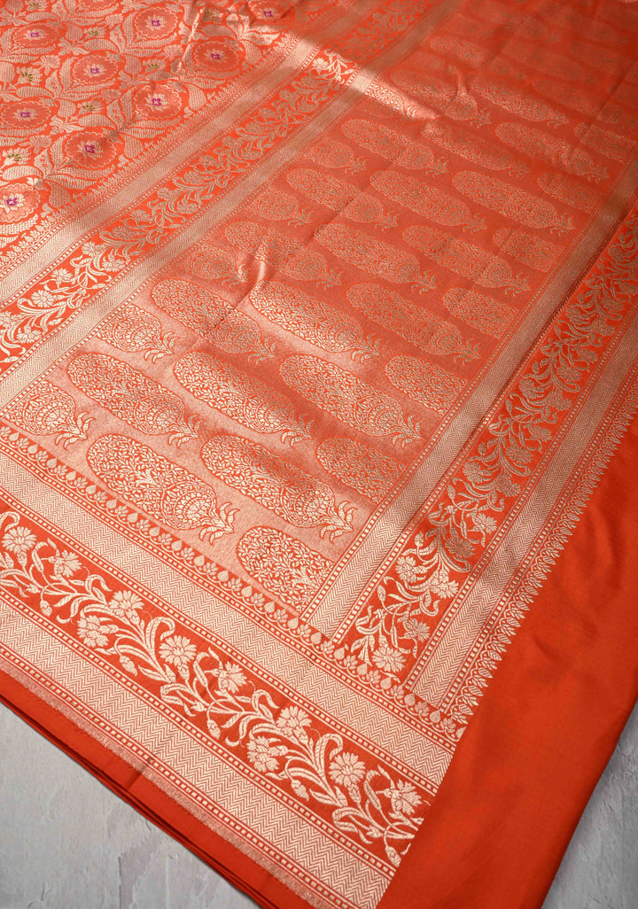 Orange Meenakari Banarasi Floral Jaal Pure Katan Silk Saree with Zari border | SILK MARK CERTIFIED