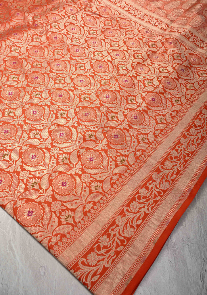 Orange Meenakari Banarasi Floral Jaal Pure Katan Silk Saree with Zari border | SILK MARK CERTIFIED