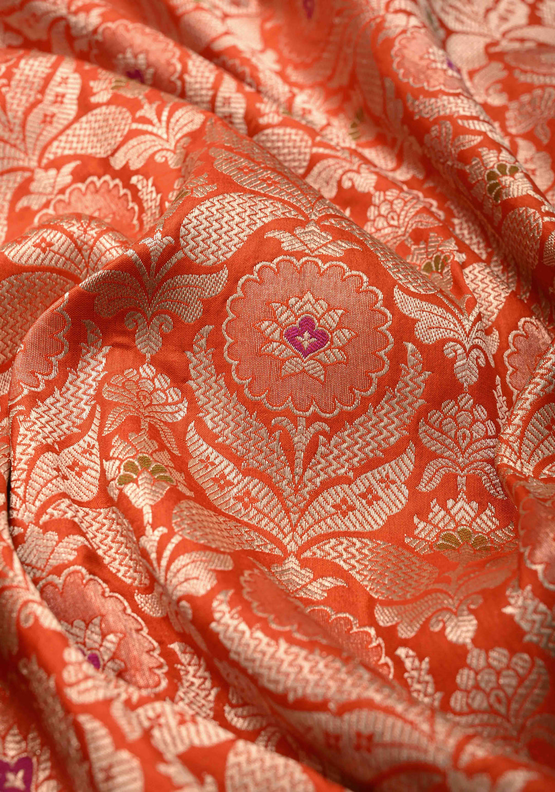 Orange Meenakari Banarasi Floral Jaal Pure Katan Silk Saree with Zari border | SILK MARK CERTIFIED
