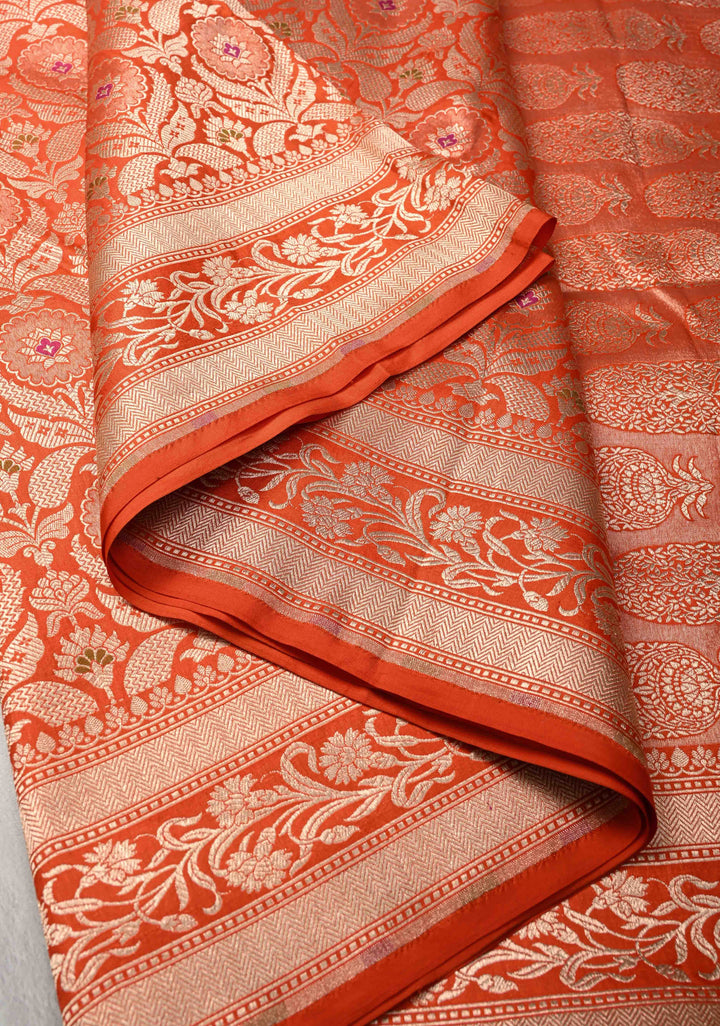 Orange Meenakari Banarasi Floral Jaal Pure Katan Silk Saree with Zari border | SILK MARK CERTIFIED