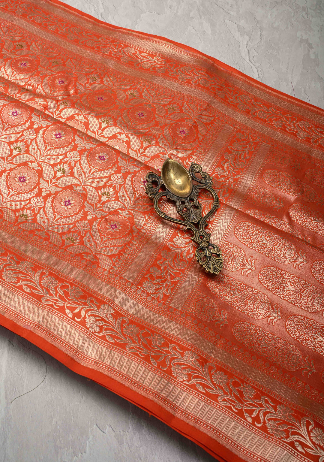 Orange Meenakari Banarasi Floral Jaal Pure Katan Silk Saree with Zari border | SILK MARK CERTIFIED