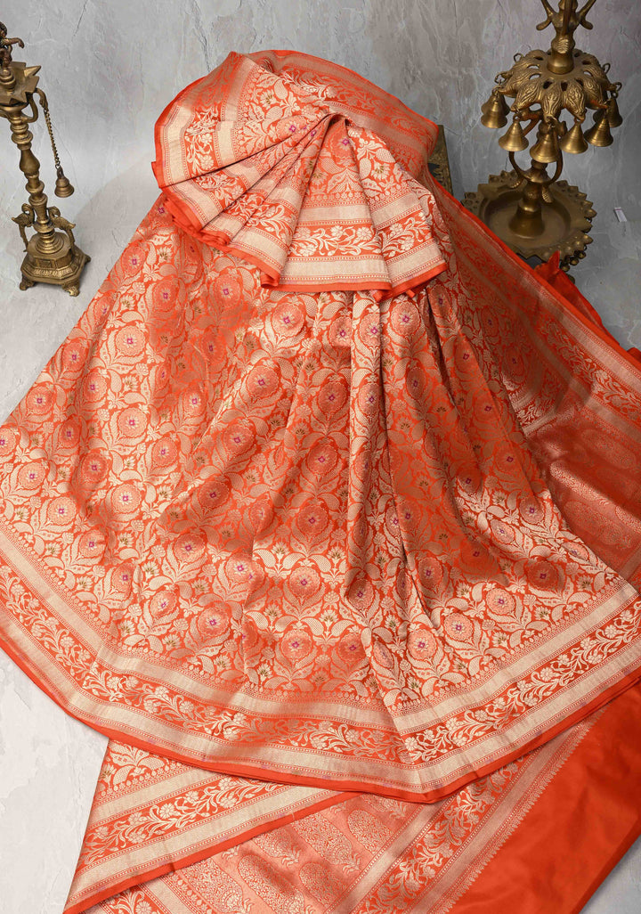 Orange Meenakari Banarasi Floral Jaal Pure Katan Silk Saree with Zari border | SILK MARK CERTIFIED