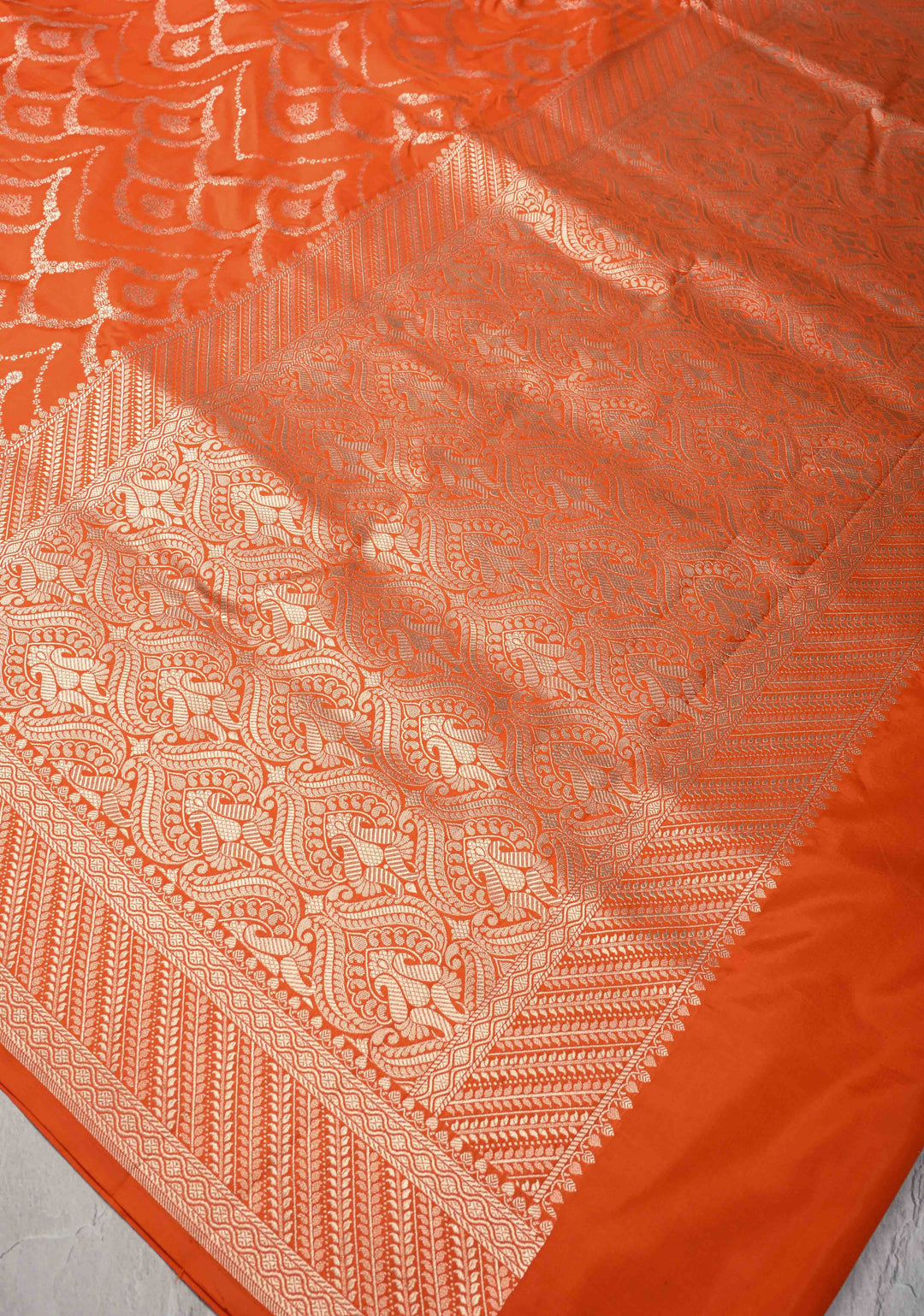 Exquisite Trellis Brocade Jaal Banarasi Katan Silk Saree in Fanta Orange | SILK MARK CERTIFIED