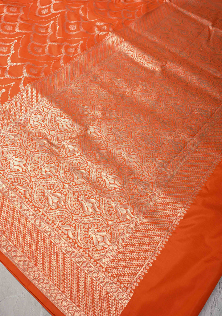 Exquisite Trellis Brocade Jaal Banarasi Katan Silk Saree in Fanta Orange | SILK MARK CERTIFIED