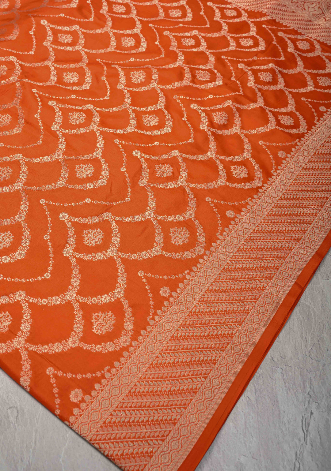 Exquisite Trellis Brocade Jaal Banarasi Katan Silk Saree in Fanta Orange | SILK MARK CERTIFIED