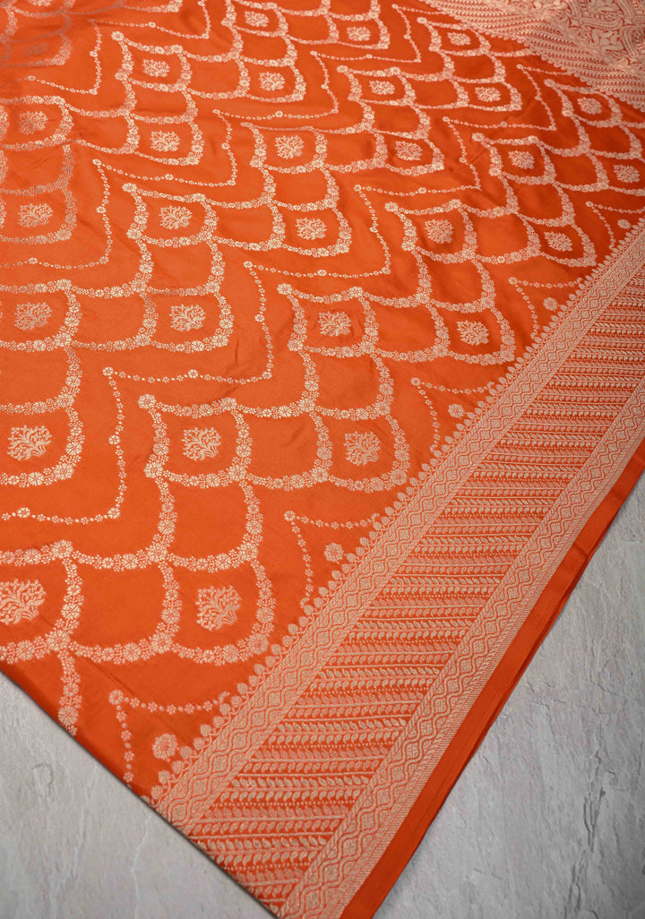 Exquisite Trellis Brocade Jaal Banarasi Katan Silk Saree in Fanta Orange | SILK MARK CERTIFIED