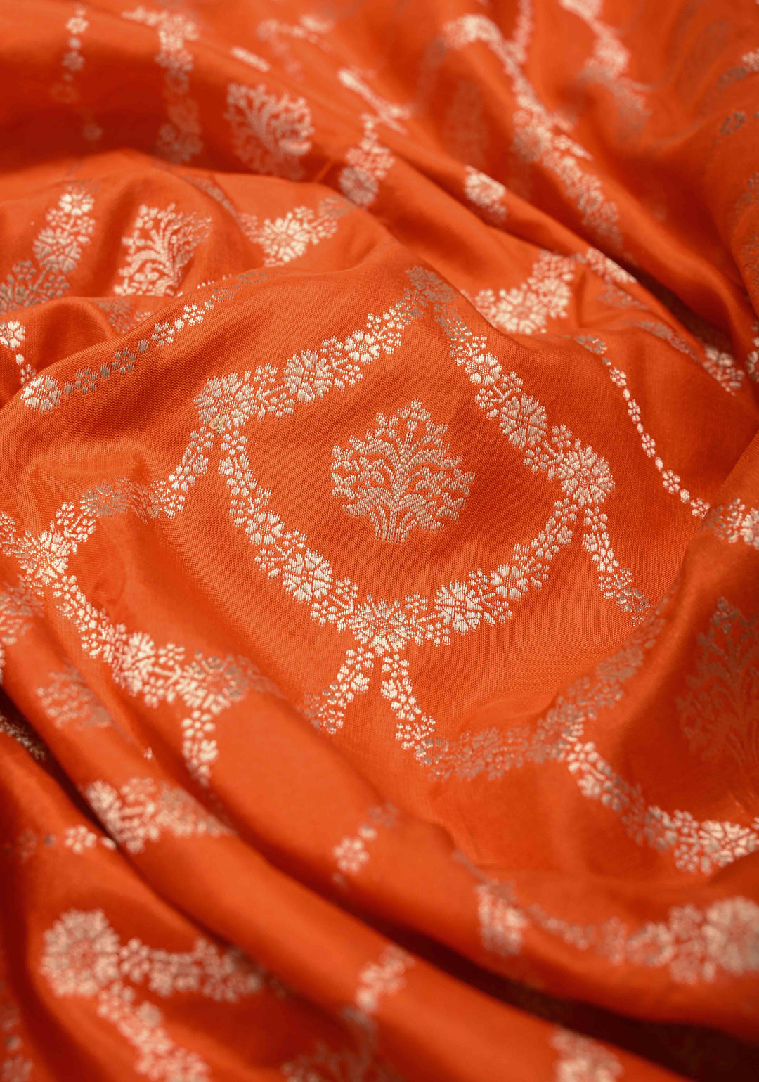 Exquisite Trellis Brocade Jaal Banarasi Katan Silk Saree in Fanta Orange | SILK MARK CERTIFIED