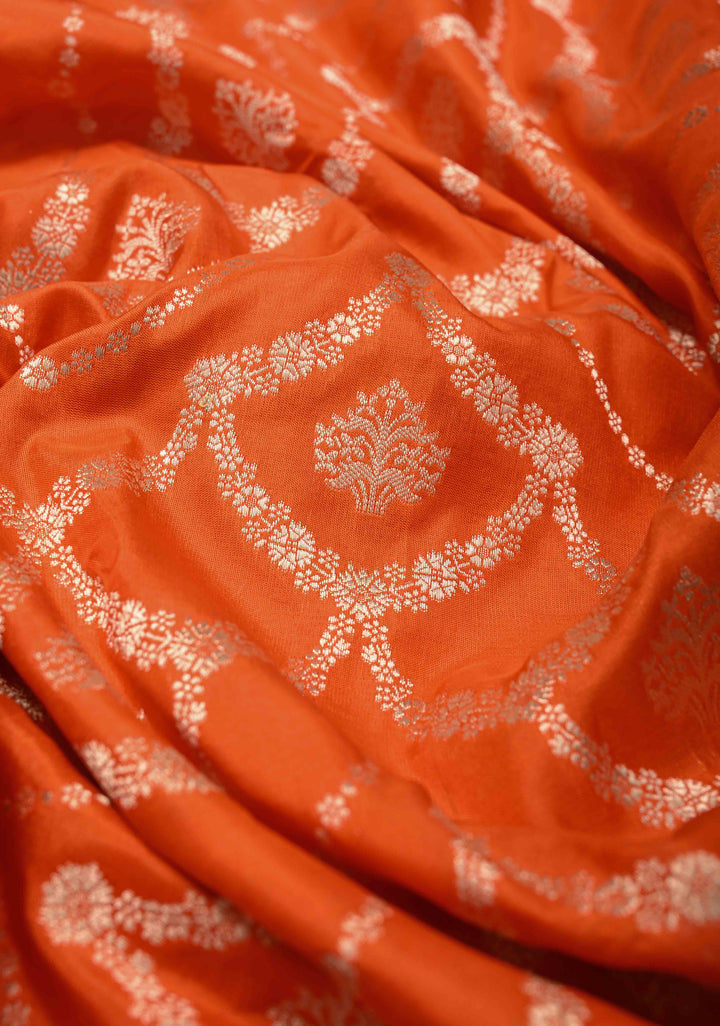 Exquisite Trellis Brocade Jaal Banarasi Katan Silk Saree in Fanta Orange | SILK MARK CERTIFIED