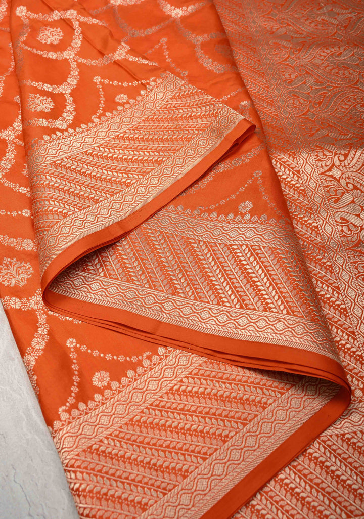 Exquisite Trellis Brocade Jaal Banarasi Katan Silk Saree in Fanta Orange | SILK MARK CERTIFIED