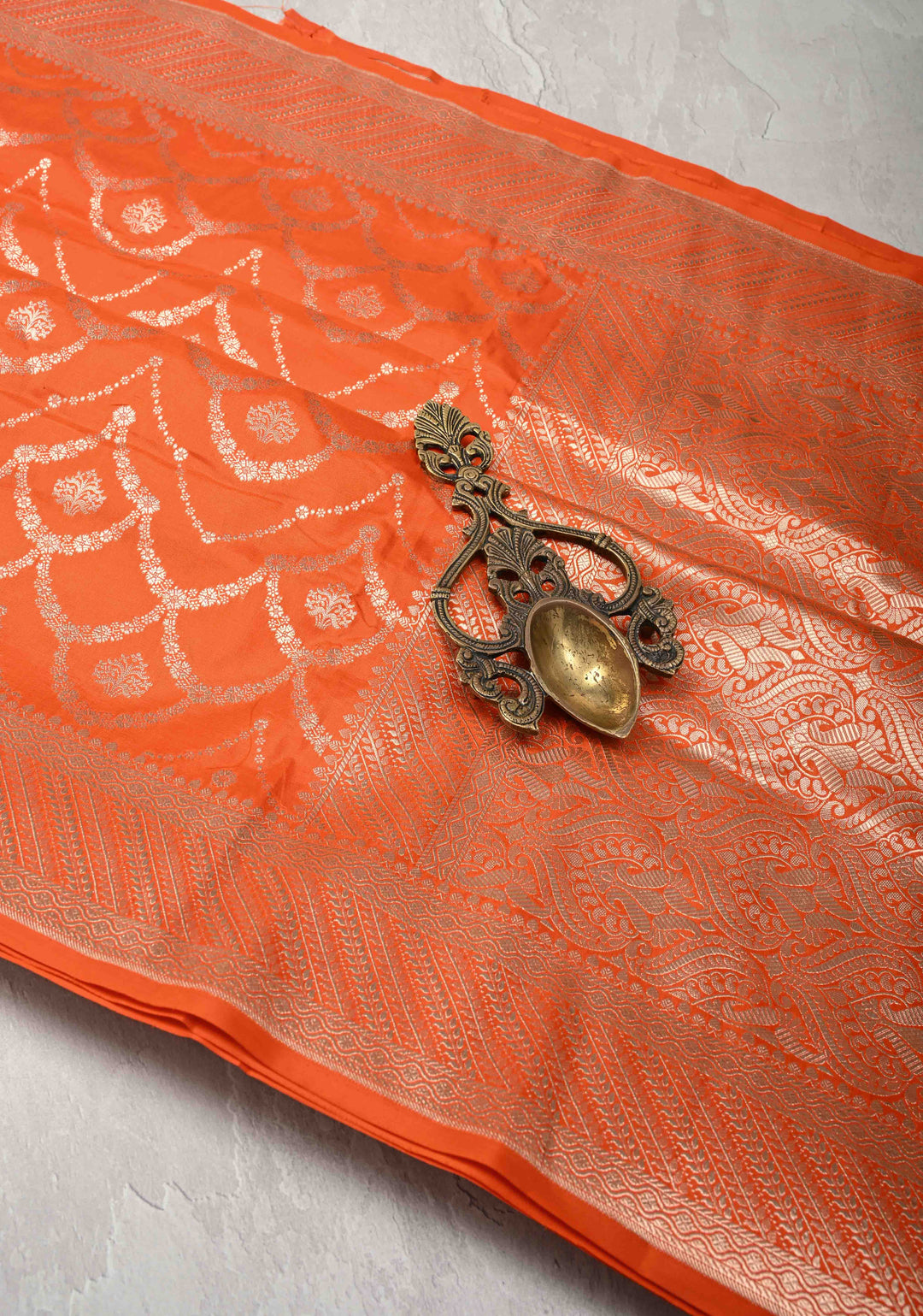 Exquisite Trellis Brocade Jaal Banarasi Katan Silk Saree in Fanta Orange | SILK MARK CERTIFIED