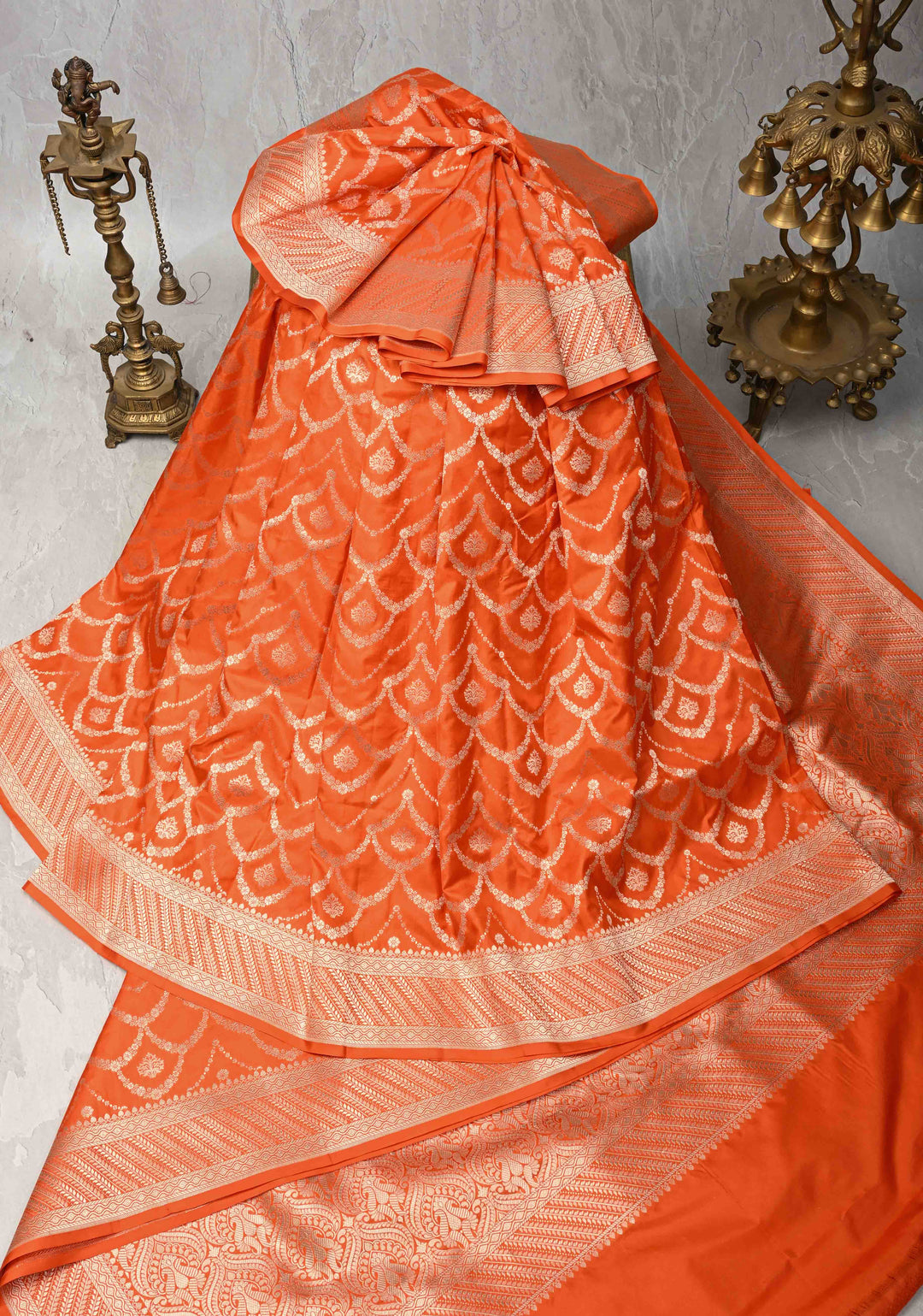 Exquisite Trellis Brocade Jaal Banarasi Katan Silk Saree in Fanta Orange | SILK MARK CERTIFIED