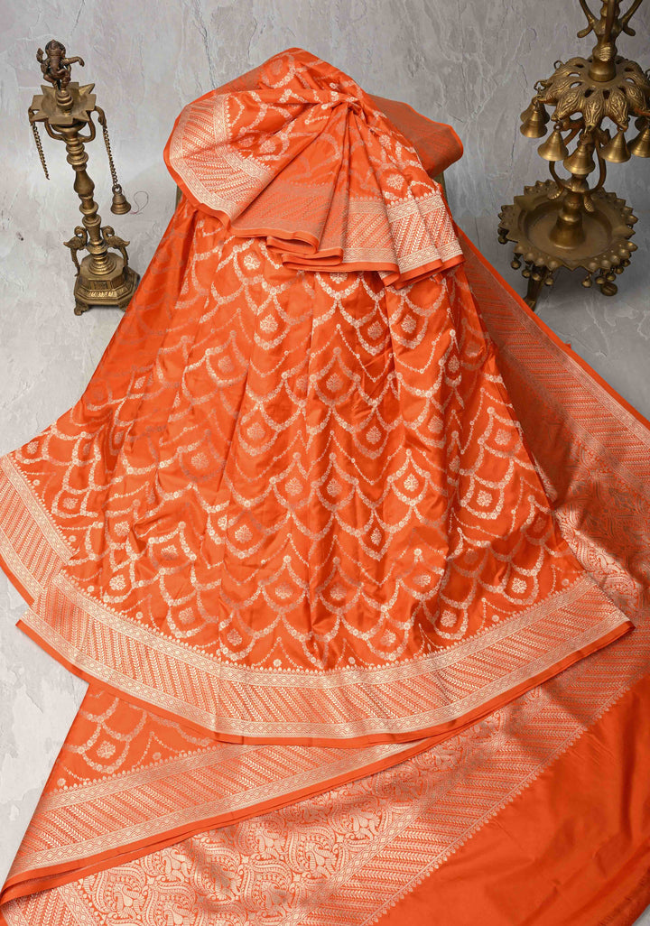 Exquisite Trellis Brocade Jaal Banarasi Katan Silk Saree in Fanta Orange | SILK MARK CERTIFIED