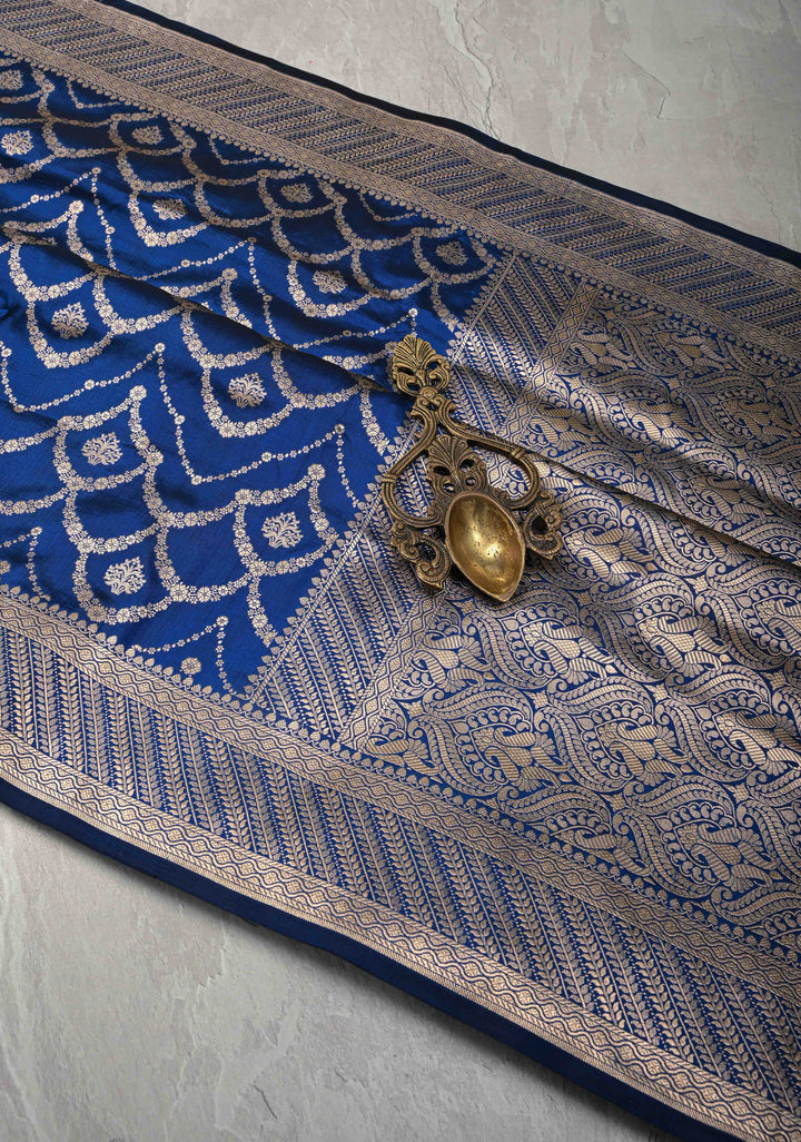 Indigo Banarasi Katan Silk Saree with Trellis Brocade and Zari Borders | SILK MARK CERTIFIED