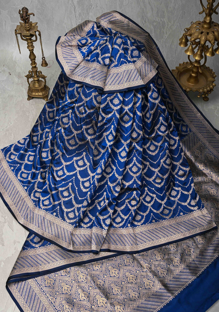 Indigo Banarasi Katan Silk Saree with Trellis Brocade and Zari Borders | SILK MARK CERTIFIED