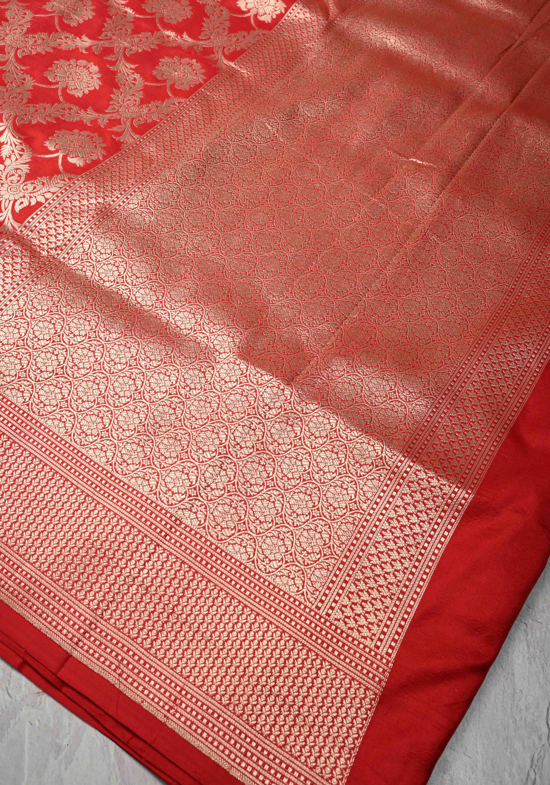 Red jaal Banarasi Katan Silk Saree with Zari Border  | SILK MARK CERTIFIED