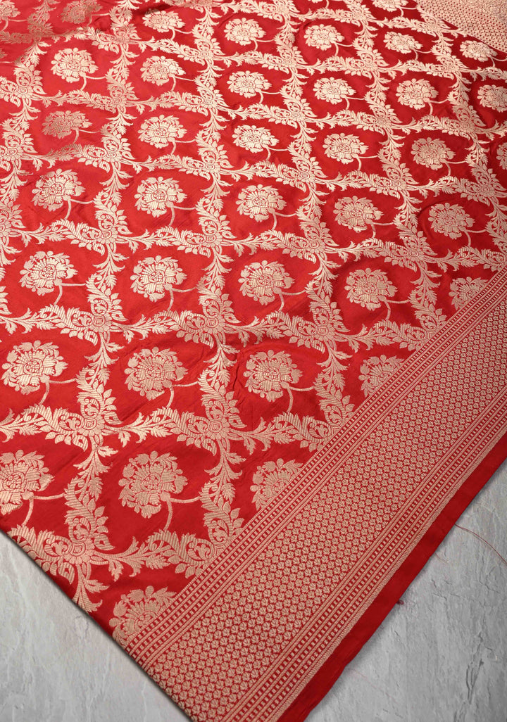 Red jaal Banarasi Katan Silk Saree with Zari Border  | SILK MARK CERTIFIED