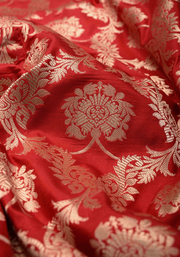 Red jaal Banarasi Katan Silk Saree with Zari Border  | SILK MARK CERTIFIED