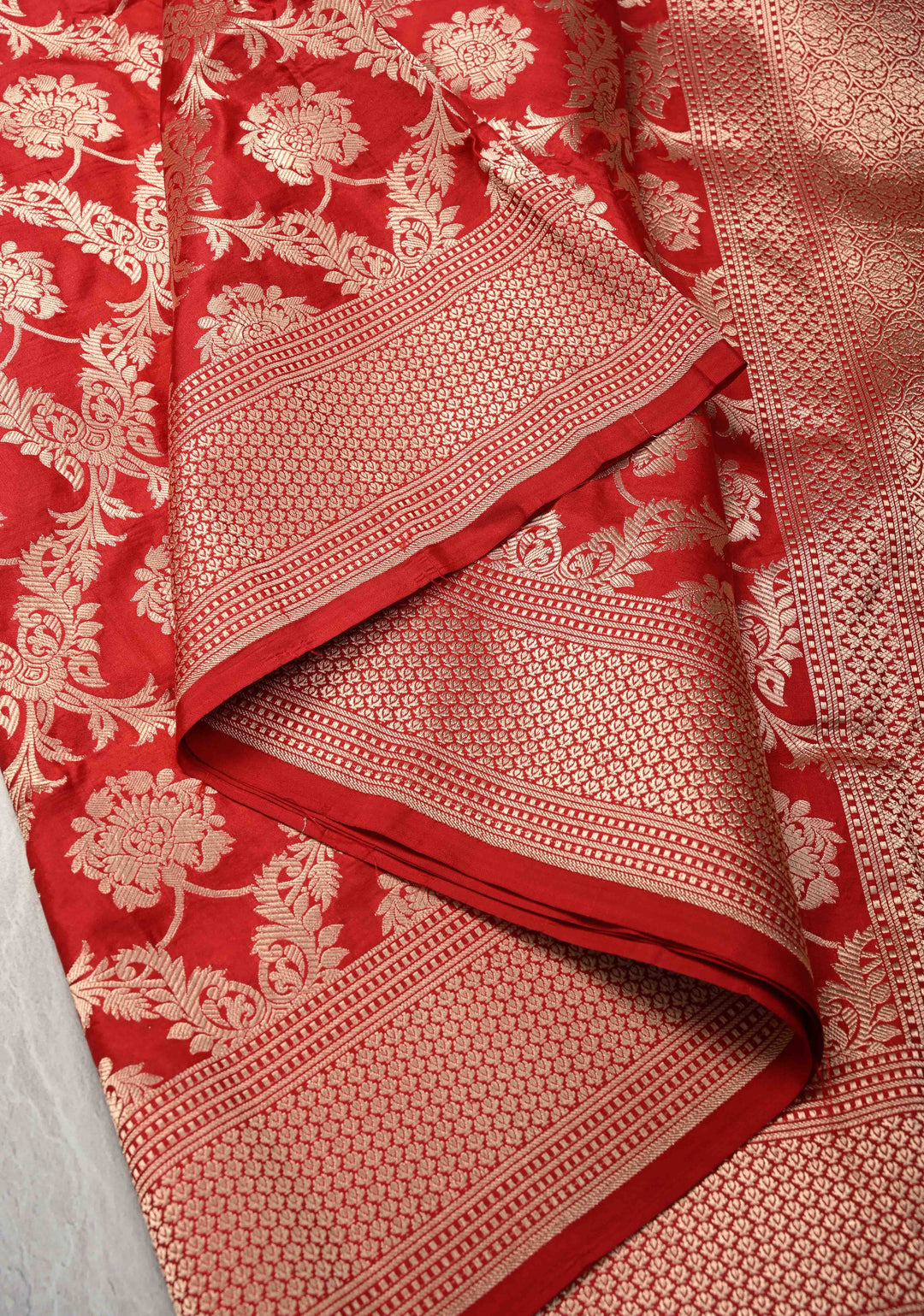 Red jaal Banarasi Katan Silk Saree with Zari Border  | SILK MARK CERTIFIED